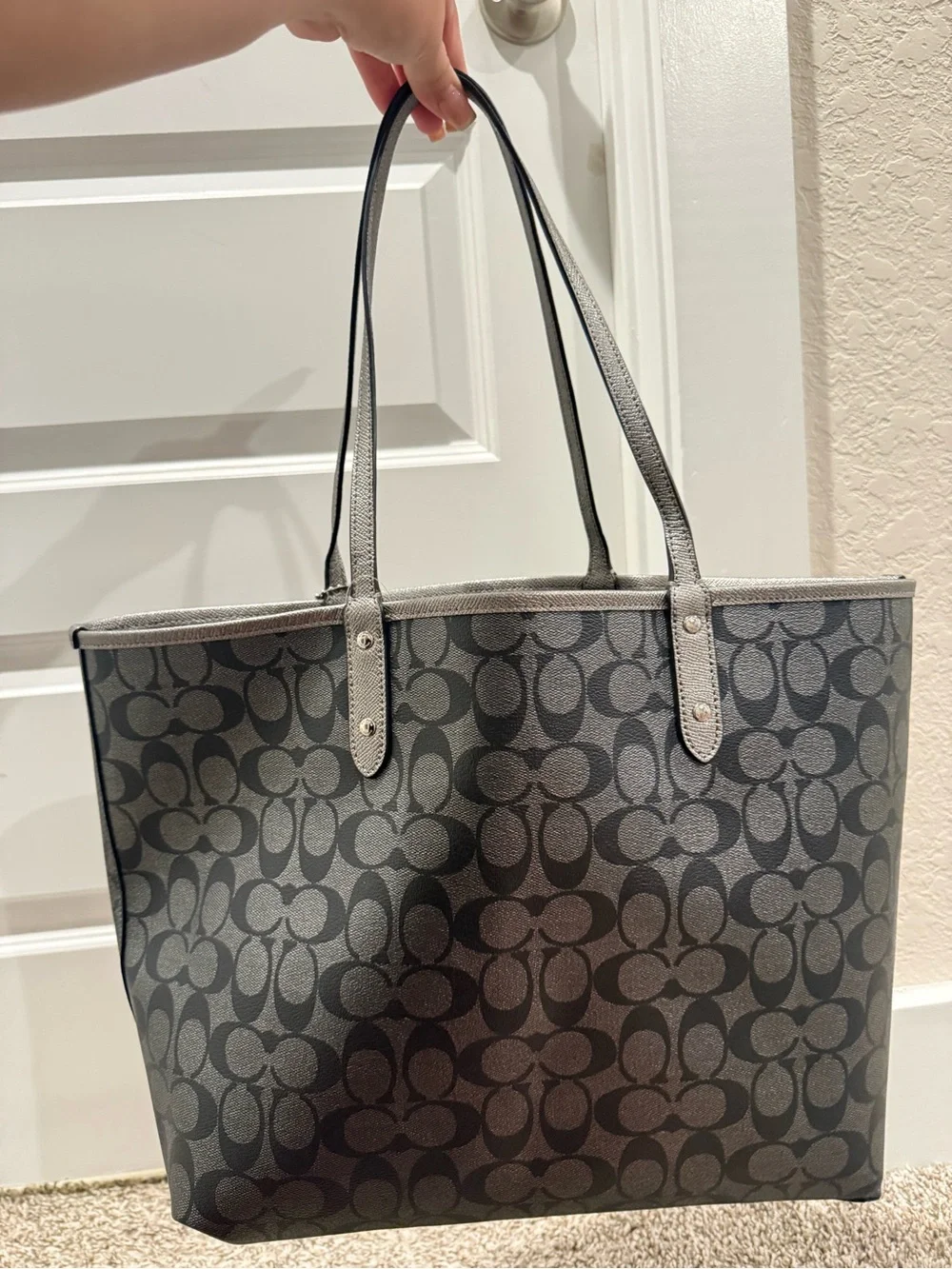 Reversible Coach Metallic Black & Gray Signature Tote
